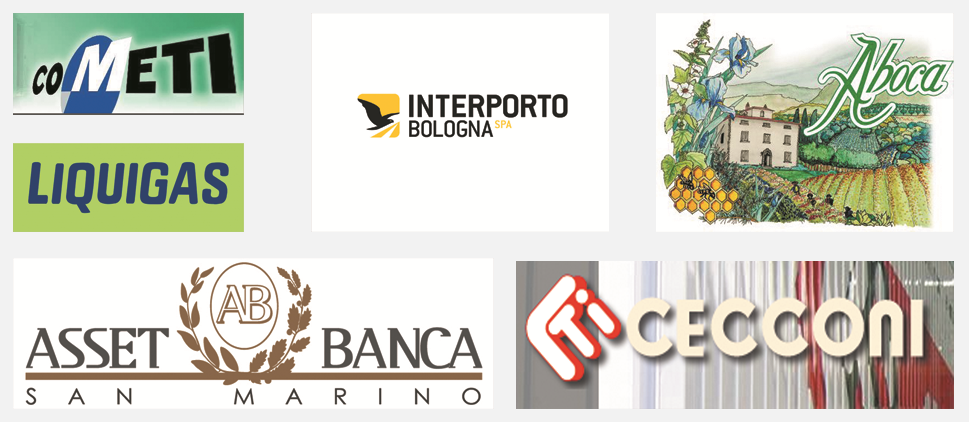 Loghi dei clienti Xenia: Cometi, Liquigas, Interporto Bologna, Aboca, Asset Banca San Marino, Cecconi